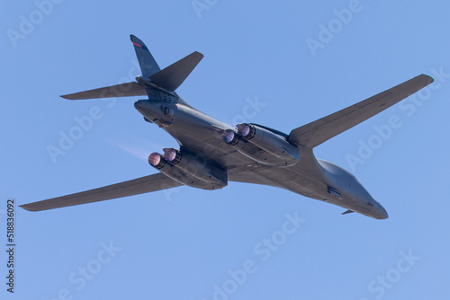 Close tail view of a B-1 Lancer bomber  with afterburners on Fototapeta