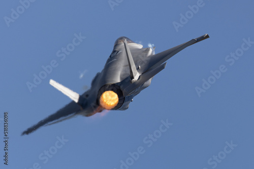 Very close tail view of a F-35A Lightning II with afterburner on