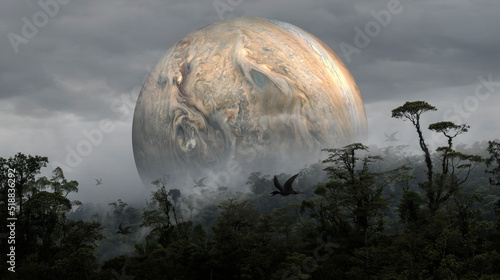 Photos Recreation of the antediluvian jungle landscape with the planet Jupiter