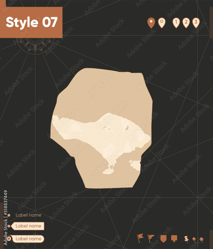 Bali, Indonesia - map in vintage style, retro style, sepia, vintage. Vector map.