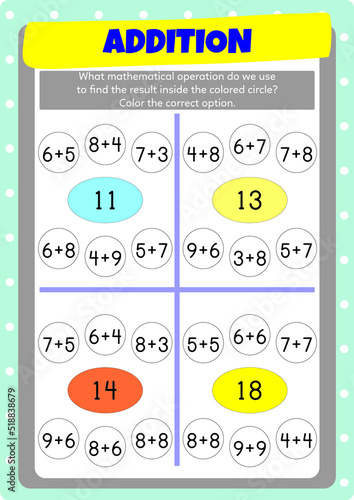 Addition exercises for preschool, kindergarten and primary school kids.