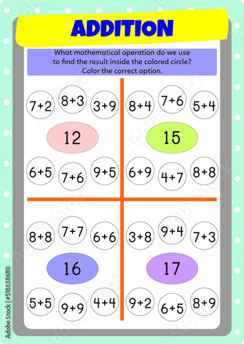 Addition exercises for preschool, kindergarten and primary school kids.
