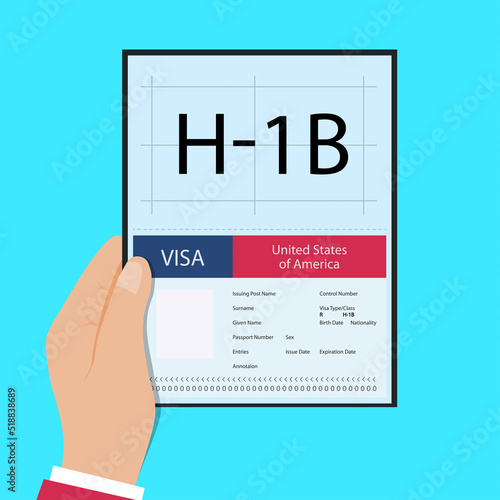 Hand hold passport with Visa H1B temporary work for workers illustration. H1b Visa USA page for the Class R. Vector 10 eps