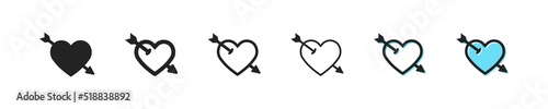 Pierced heart icon. Heart with arrow vector symbol. Simple cupid's arrow outline icons. Pierced hearts icons set. Flat web icon.