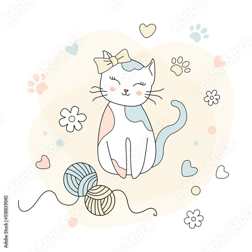 Little happy cat, adorable cute kitten, simple vector illustration. Cute playful kitten girl