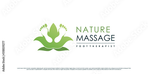Foot massage therapy logo design with leaf element and unique concept Premium Vector