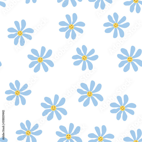 Groovy daisy retro seamless pattern. 70s vibe hippie ornament. Floral wallpaper.