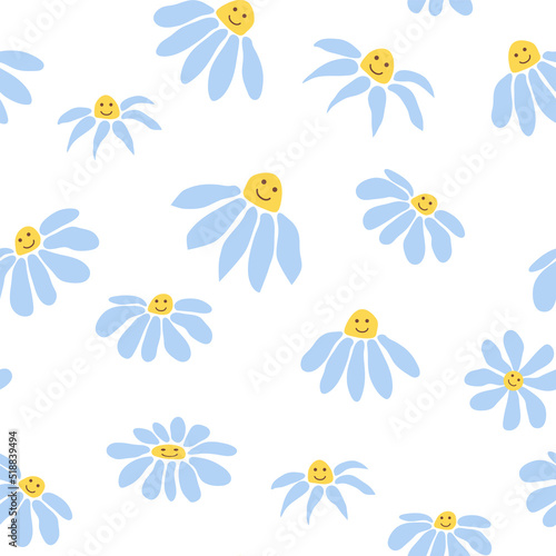 Groovy daisy retro seamless pattern. 70s vibe hippie ornament. Floral wallpaper.