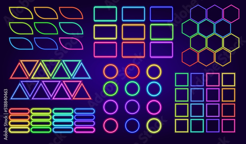 Neon set of geometric frames of multicolored shapes. Collection of rainbow neon sets squares, circles, rectangles and hexagons, triangles isolated elements glow spectrum lines
