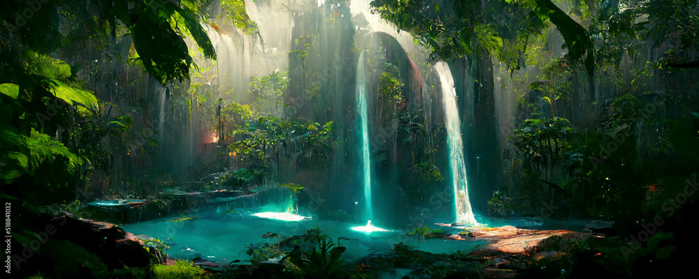 Mystische Wasserfälle und Lagunen in Dschungel Landschaft - Fantasy Gemälde - obrazy, fototapety, plakaty 