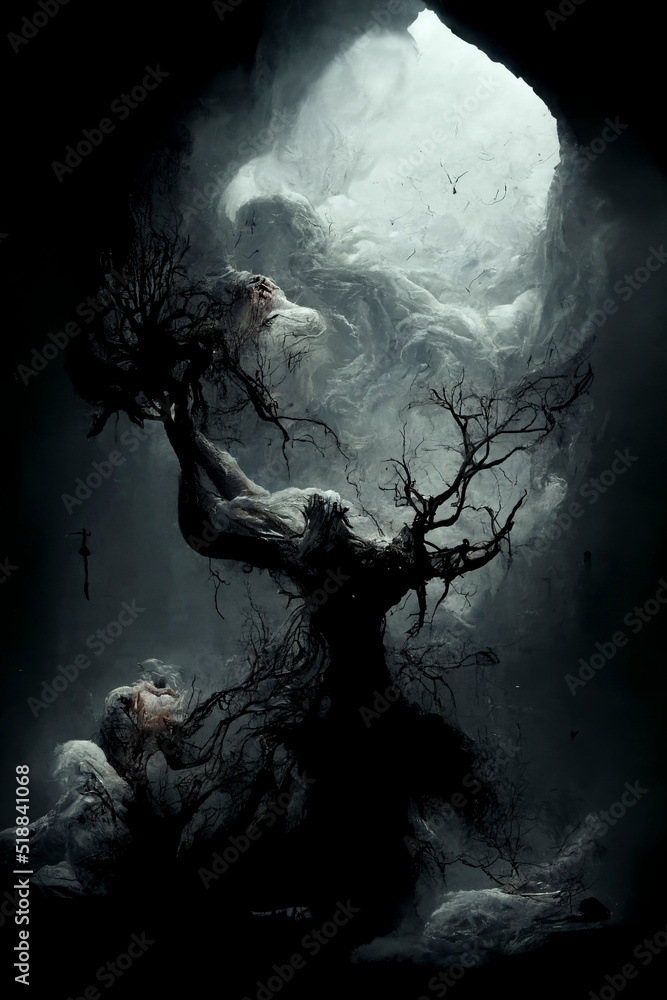 Alter toter Baum vor dunklen Wolken, mystischer Fantasy Hintergrund - obrazy, fototapety, plakaty 