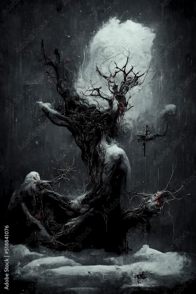 Toter Baum vor düsterem Himmel - Mystisches Fantasy Gemälde mit  dunklen Wolken und Dämonen - obrazy, fototapety, plakaty 