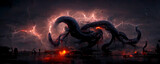 Apokalypse oder Weltuntergang- riesiges Monster vor dunklen Gewitterwolken 