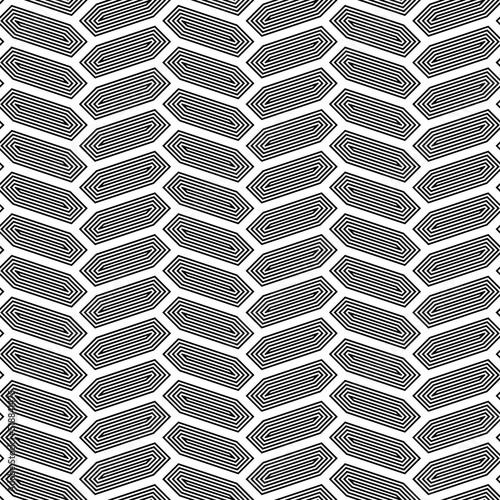 Herringbone motif. Seamless surface pattern design with hexagons tessellation ornament. Mosaic parquet wallpaper. White zigzag weaving lines. Jagged strokes. Digital paper, page fills, print. Vector.