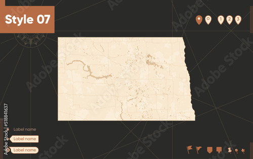 North Dakota, USA - map in vintage style, retro style, sepia, vintage. Vector map.