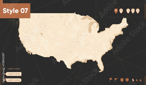 USA, United States Of America - map in vintage style, retro style, sepia, vintage. Vector map.