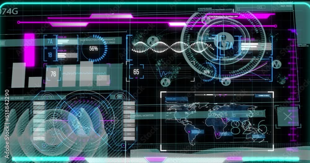 Animation of graphs and scientific data on black digital screen Animation of graphs and scientific data on black digital screen