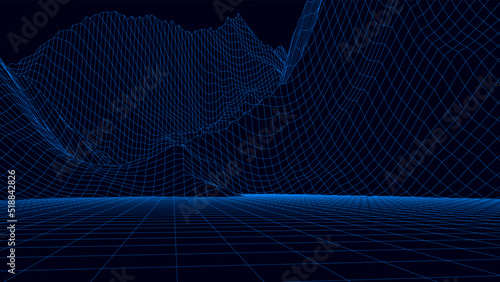 Abstract digital neon grid landscape background. Futuristic retro mountains backdrop. Big data visualization. For website and banner design. Vector illustration.