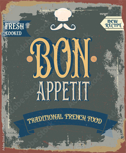 cover for the menu,a road sign of a French cafe in vintage style with the inscription bon appetit