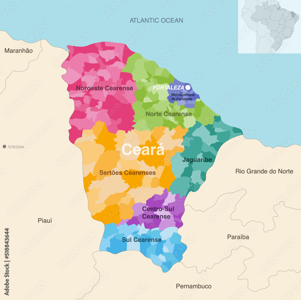 Obraz premium Brazil state Ceara administrative map showing municipalities colored by state regions (mesoregions)