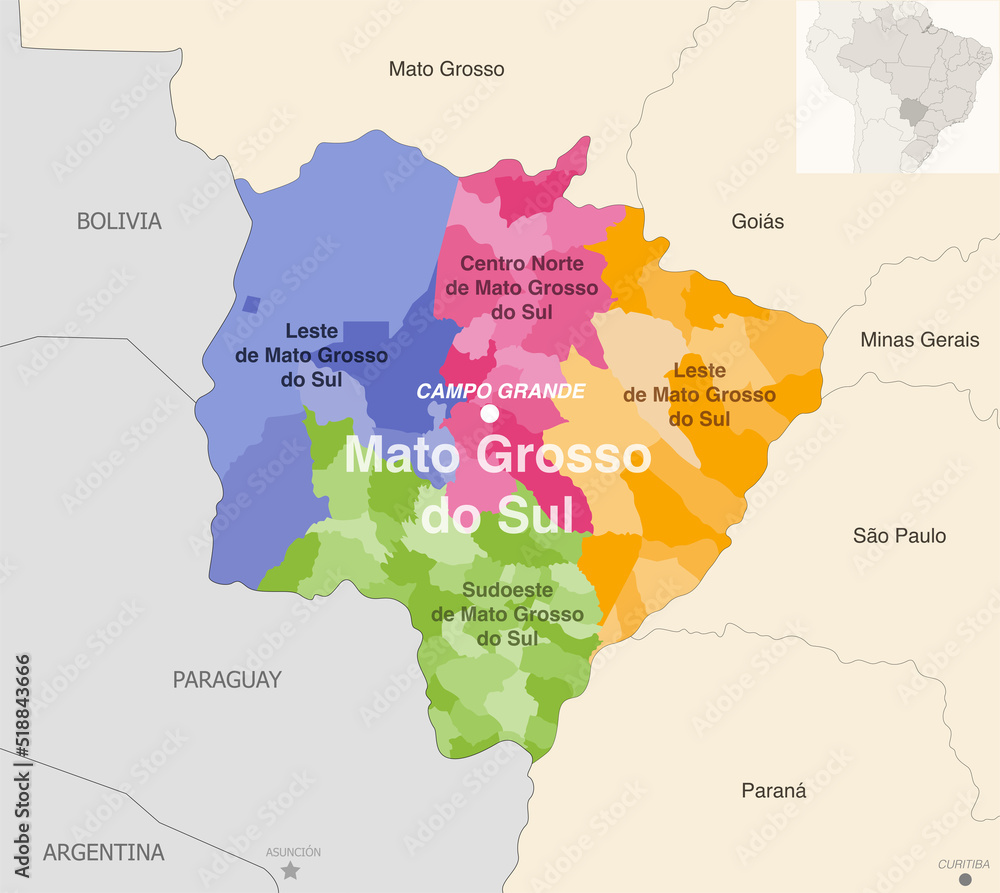 Brazil state Mato Grosso de Sul administrative map showing municipalities colored by state regions (mesoregions)