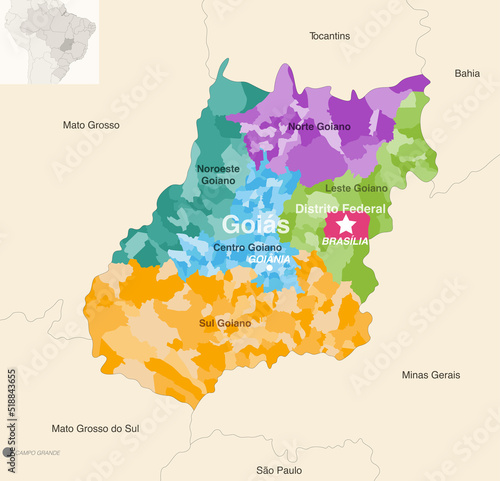 Brazil states Goias and Distrito Federal administrative map showing municipalities colored by state regions (mesoregions) photo