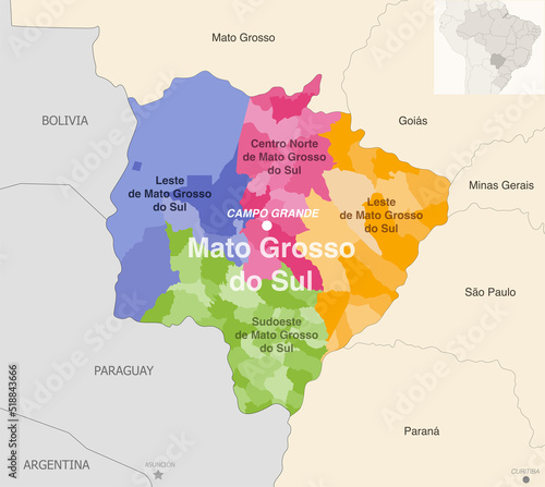 Brazil state Mato Grosso de Sul administrative map showing municipalities colored by state regions (mesoregions)
