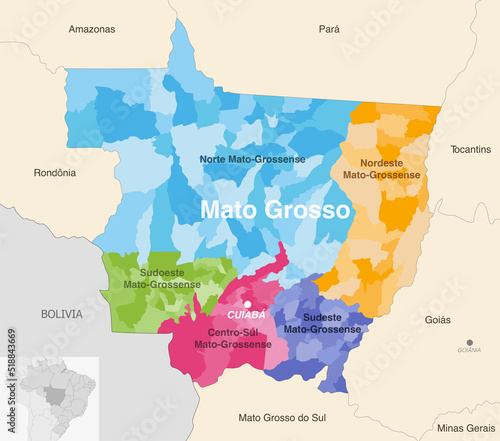 Brazil state Mato Grosso administrative map showing municipalities colored by state regions (mesoregions)