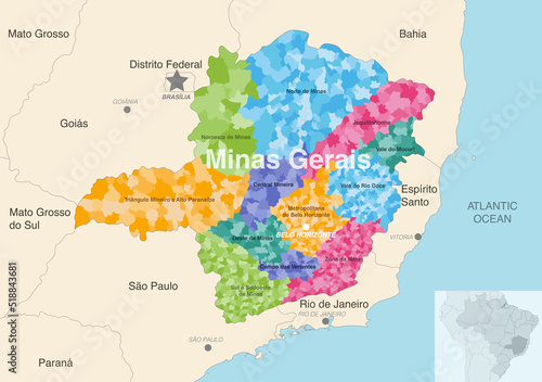 Brazil state Minas Gerais administrative map showing municipalities colored by state regions (mesoregions)