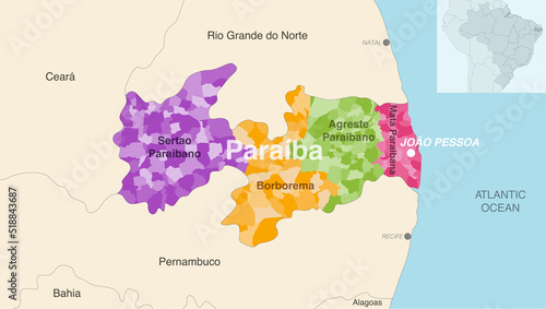 Brazil state Paraiba administrative map showing municipalities colored by state regions (mesoregions)