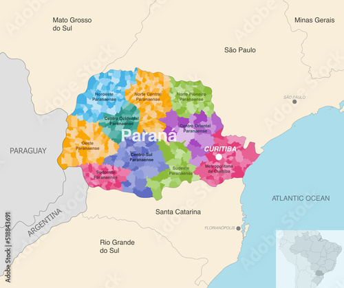 Brazil state Parana administrative map showing municipalities colored by state regions (mesoregions)