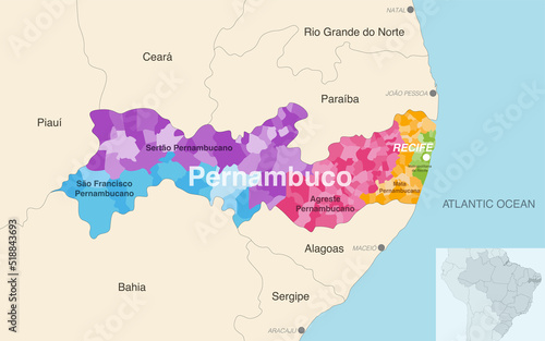 Brazil state Pernambuco administrative map showing municipalities colored by state regions (mesoregions) photo
