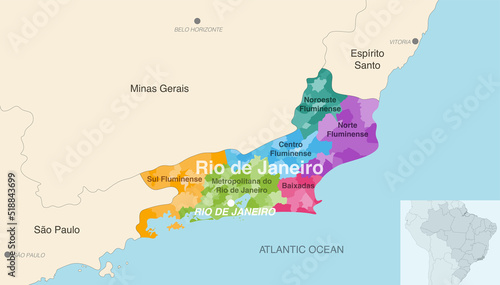 Brazil state Rio de Janeiro administrative map showing municipalities colored by state regions (mesoregions)