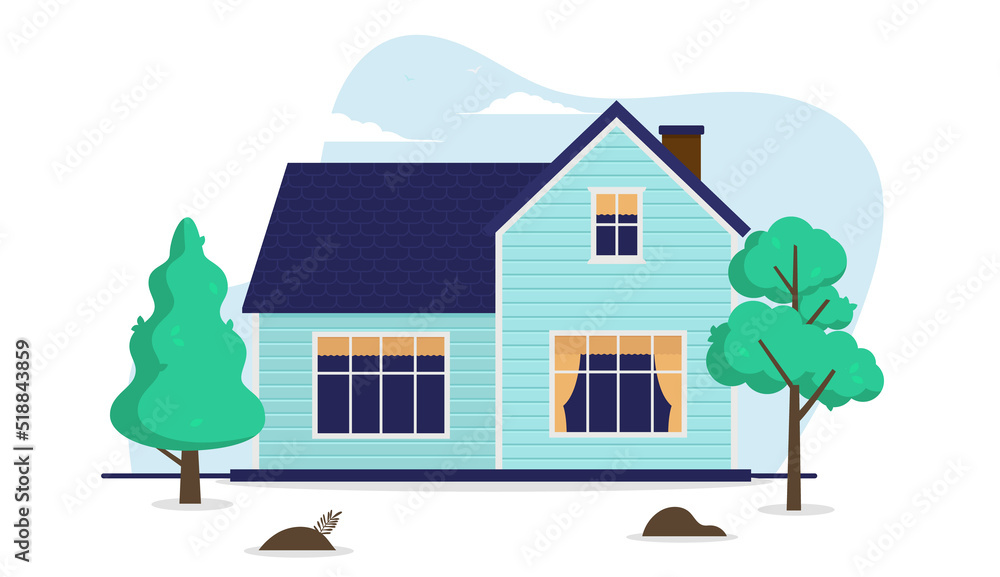 Flat design vector house illustration - Small residential home with trees on white background