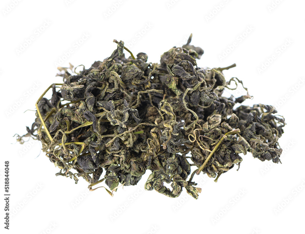Dry gynostemma pentaphyllum leaf isolated on white blackground. Jiaogulan or Miracle grass. Chinese herbal tea. Dry gynostemma pentaphyllum leaf isolated on white blackground. Jiaogulan or Miracle grass. Chinese herbal tea.