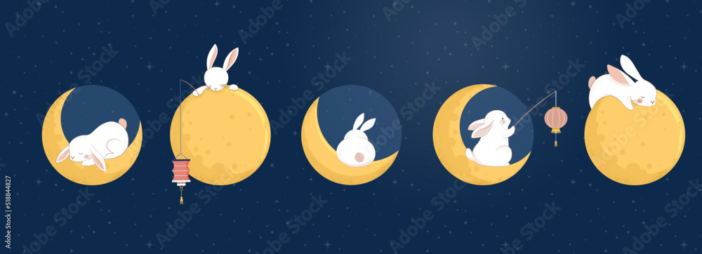 Naklejka premium Mid Autumn Festival Concept Design with Cute Rabbits, Bunnies and Moon Illustrations. Chinese, Korean, Asian Mooncake festival celebration