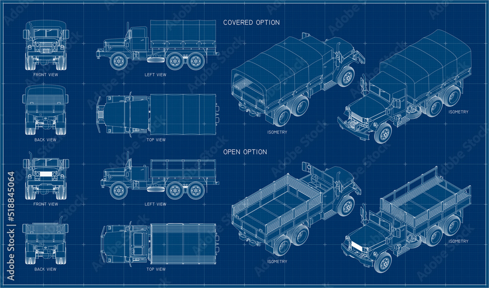 Multipurpose military truck in three projections. American army truck