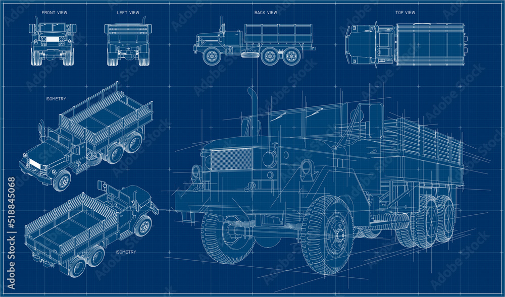 Multipurpose military truck in three projections. American army truck