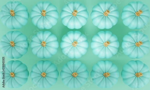 3d render. Pattern of pumpkins on a turquoise background. Creative autumn composition. 3d illustration