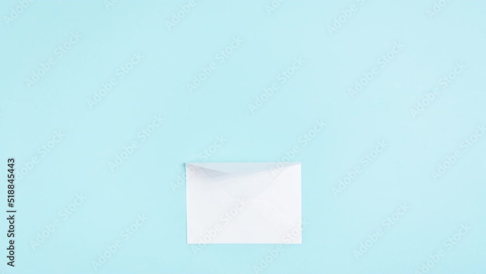 4k Flowers of red small roses emerge from the opening white envelope. Concept of love, spring and femininity. Blue background. Stop motion animation. Flat lay. Copy space.