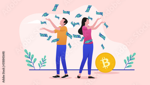 Bitcoin couple - Man and woman making money and getting rich with crypto currency. Vector illustration 