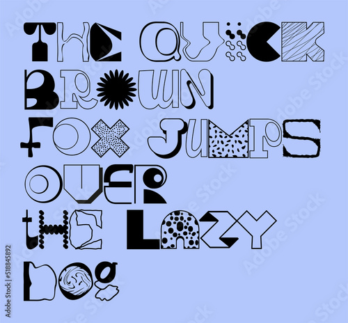 Large set of random letter shapes. English alphabet from geometric capital letters of eclectic shapes. Brutalism modern font type. Condensed and Bold font from geometric objects.