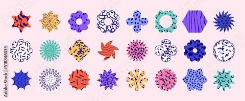 Set of vector geometric memphis shapes. Abstract simple basic shapes with patterns and textures. Modern design, decorative elements of flowers, stars and sun figures