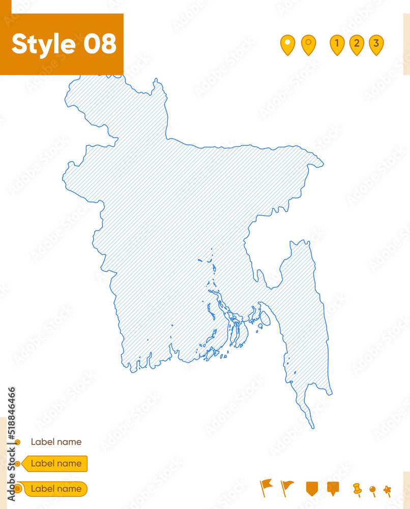 Bangladesh - grid map isolated on white background. Outline map. Simple line, vector map.