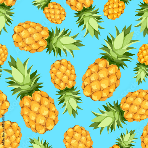 Tropical seamless pattern with pineapple fruit on a blue background. Vector illustration