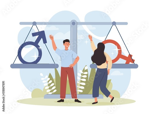 Gender equality concept. Man and woman next to large scales. Balance and equal rights, equal opportunities at work in building career. People with gender signs. Cartoon flat vector illustration