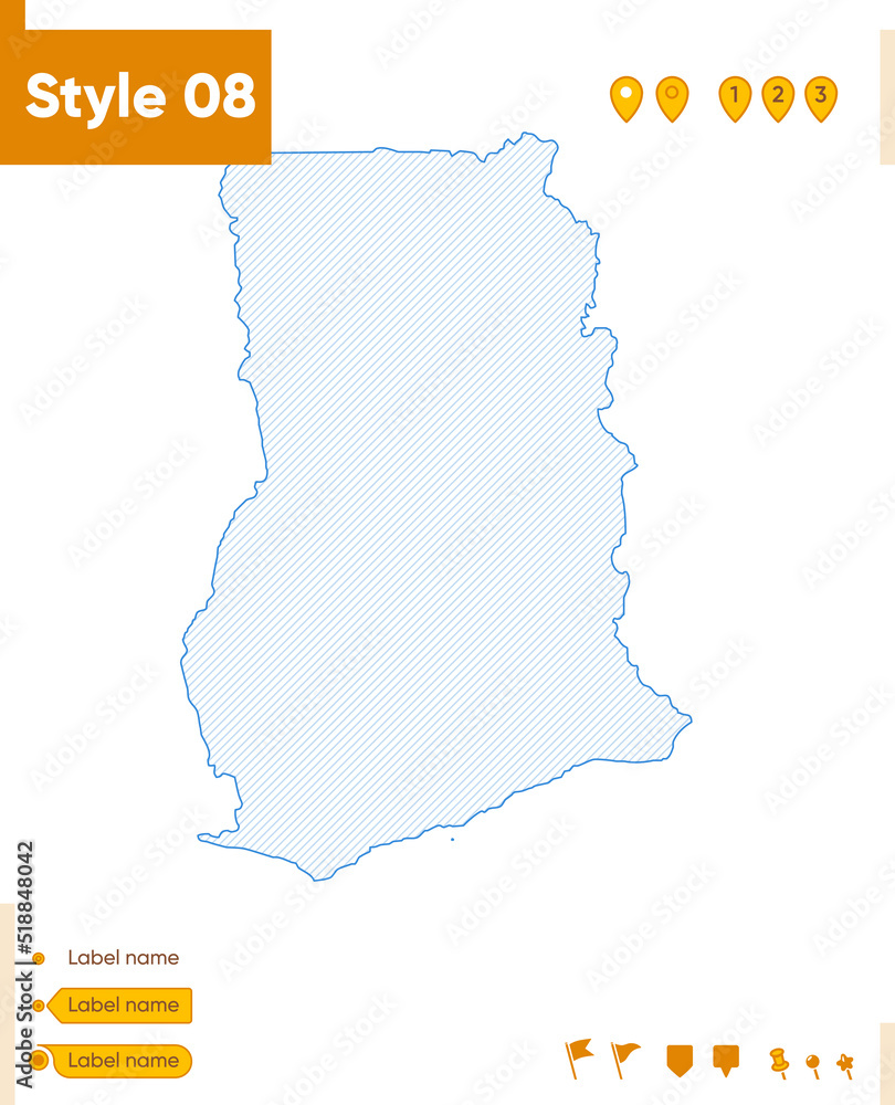 Ghana - grid map isolated on white background. Outline map. Simple line, vector map.