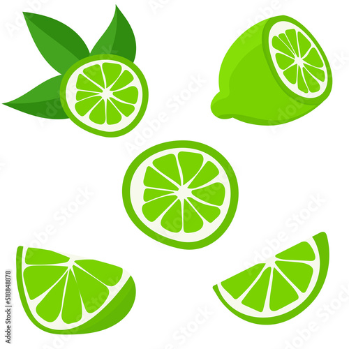 Set with limes. Cutting citrus fruits into slices, slices, circles. Ripe fresh limes on a tree branch.