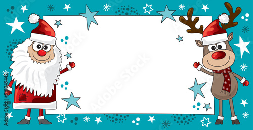 Weihnachtskarte in türkis blau mit lustigem Weihnachtsmann und Rentier mit leeren weißen Plakat zum Personalisieren mit Logo und Werbung für Marketing Aktionen