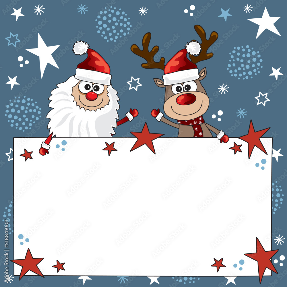 advent weihnachtsmann und rentier mit leerem plakat für weihnachten werbung und rabatt aktion, cartoon